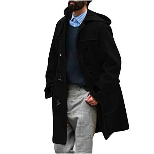 AMhomely Men's Trench Coat Long Mens Office Casual Jackets Men Winter Casual Solid Mid-length Wool Overcoat With Horn Buckles Windbreaker Hooded Coat Loose Fit Coats Sale Clearance