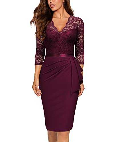 MIUSOL Women's Vintage Lace V-Neck 3/4 Sleeves Cocktail Party Formal Wedding Guest Work Bodycon Dress