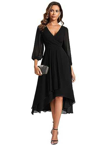 Ever-Pretty Women's Chiffon V Neck Long Sleeves Pleated A-Line Midi Length Wedding Guest Dress 01926