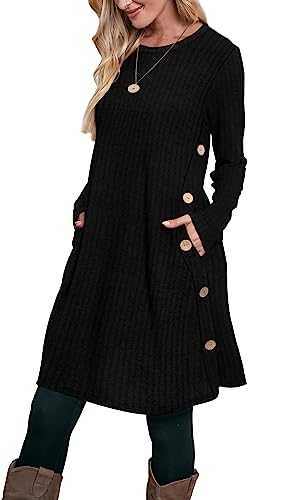 Aokosor Jumper Dress for Women Tunic Dress Ladies Long Sleeve Dress with Pockets Side Buttons Dress for Leggings