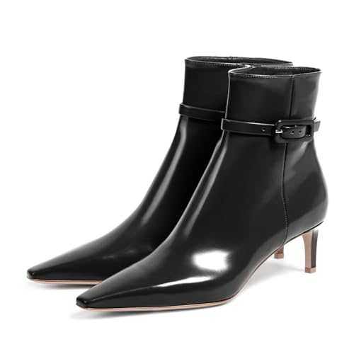 Adrizzlein Kitten Heel Booties for Women Sexy Pointed Toe Ankle Boots Patent Leather Booties Fall Winter Shoes With Zipper