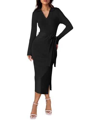 ZESICA Women's Spring Long Sleeve Sweater Dress Lapel V Neck Ribbed Knit Side Slit Bodycon Midi Dresses with Belt