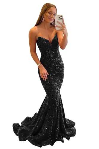 Basgute Sequin Mermaid Prom Dresses for Women Sparkly Long Sexy Strapless V Neck Bodycon Formal Evening Party Gowns