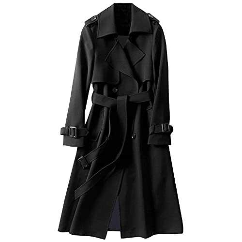 Women's Solid Windbreaker Slim Fit Trench Coat Long Jacket Outerwear with Belt Button