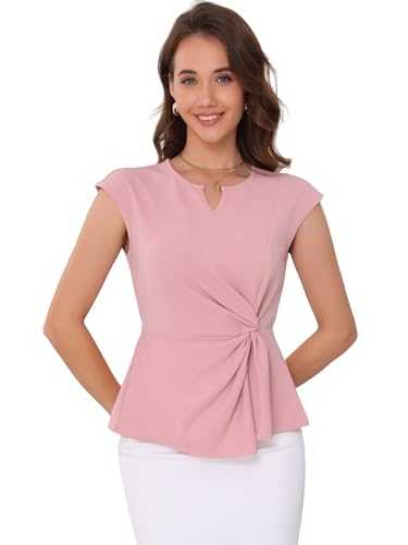 Allegra K Twist Tops for Women's Notched Neck Cap Sleeve Casual Work Shirts