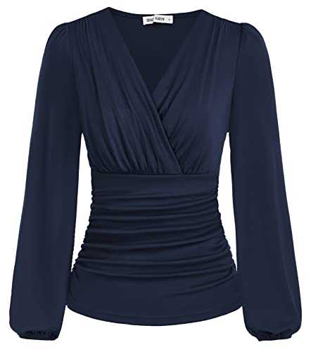 GRACE KARIN Women Tops V-Neck Long Sleeve Ruched Tunic Blouses Casual Top Shirts