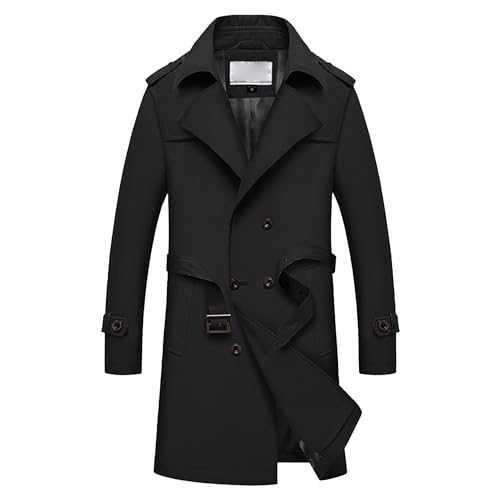 JEKE-DG Men's Slim Fit Trench Coat Double Breasted Notched Lapel Belted Windbreaker Long Windproof Overcoat With Belt