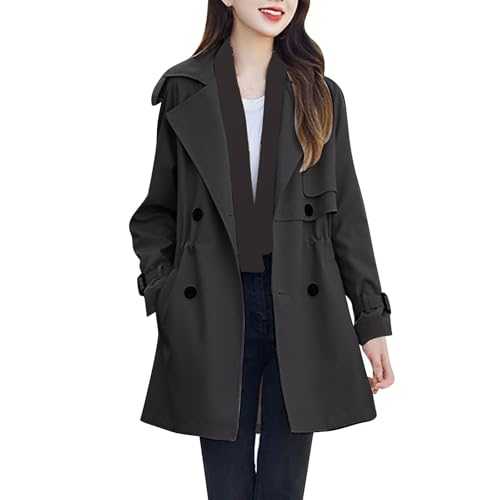 Keepink Women's Coats Size 8-18 UK Long Sleeve Double Breasted Notched Lapel Windbreaker Tops Lightweight Knee Length Trench Coat Casual Loose Fit Rain Jackets with Pockets
