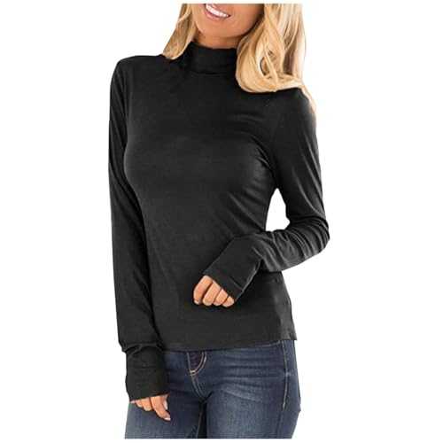RLEHJN Long Sleeve Tops for Women UK Plain High Neck Tops Casual Solid Color T Shirts Tunic Tops Lightweight Shirts Comfy Loose Basic Tees Ladies Blouses Elegant Warehouse Clearance S-3XL