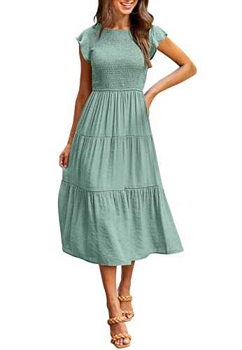 MEROKEETY Women's Flutter Short Sleeve Smocked Midi Dress Summer Casual Tiered A-Line Dress