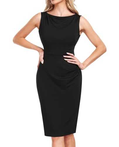 MINTLIMIT Women's Sheath Dress Boat Neck Sleeveless Ruched Slim Work Pencil Dresses Cocktail Party 2024