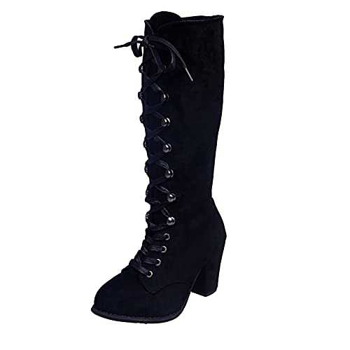 Liyuera Winter Boots Women's Ankle Boots Women's Mid-Calf Boots Women's Lace Fashion Shoes Up Thick Retro Vintage Casual Heels Women's Boots Shoes Women's Autumn Boots Women