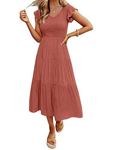 MEROKEETY Women's Flutter Sleeve Smocked Midi Dress V Neck Casual Tiered Dresses with Pockets