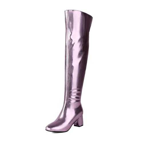 GXYHJVMFPSC Over the Knee Boots Women Small Square Toe Thick Heel Knee-high Boots Patent Leather Pearl Color Height 6CM