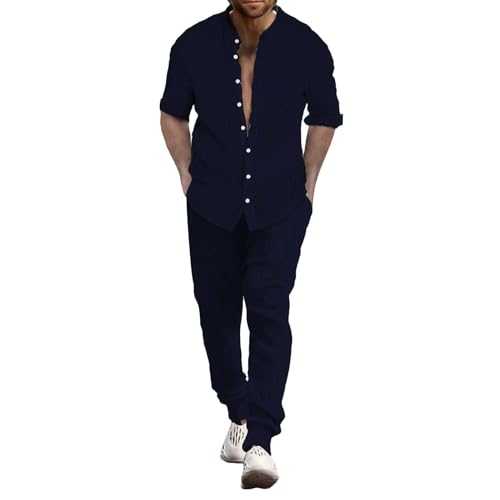 Men's Summer Breathable Two Rolled Sleeve Shirt Pants Set Men Slim Fit Suit