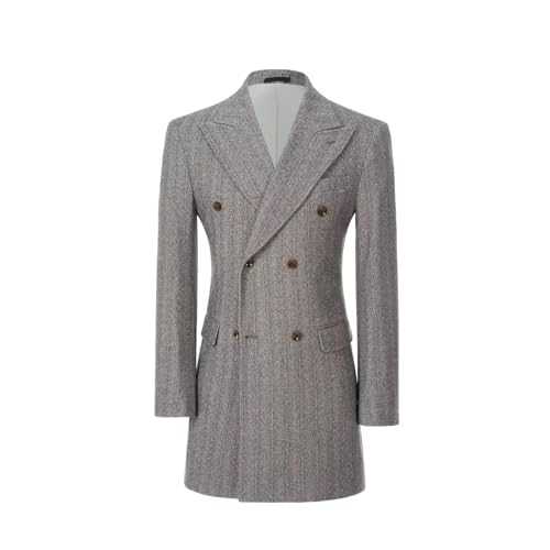 Men's Herringbone Wool Blend Trench Coat Peaked Collar Long Jacket Overcoat Double Breasted Pea Coat wih Pockets