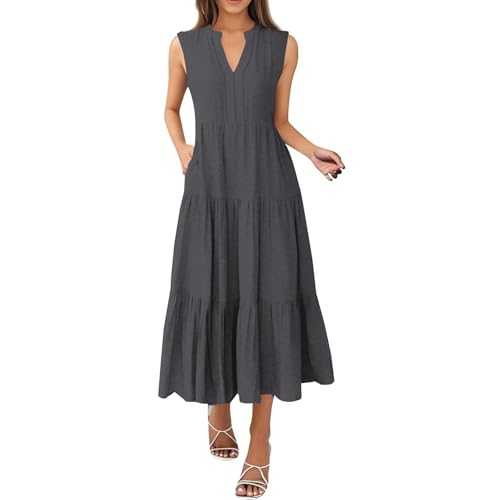 Uwdiohq Women's Summer Dress Solid Color Pullover Sleeveless V Neck Beach Vacation Jar Casual Wrap Long Lightweight with Pockets Loose Fit 2025 Simple Stylish Full Dresses