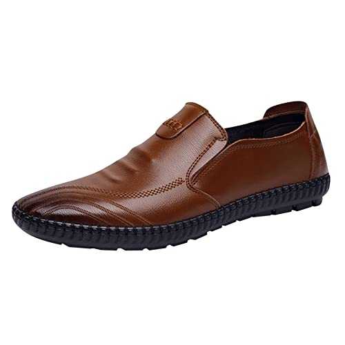 Classical Leather Shoes for Men Slip On PU Leather Low Rubber Sole Block Heel Work Shoes Loafer Men Tan Leather