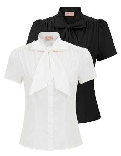 Belle Poque Women Casual Shirts Short Sleeve Office Button Down Blouse Shirt Tops with Bow Tie