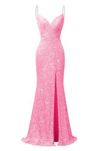 Spaghetti Strap Sequin Prom Dresses for Women with Slit Sparkly Mermaid Formal Evening Dress