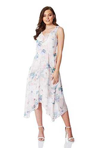 Roman Originals Women Floral Chiffon Frill Dress - Ladies Evening Formal Wedding Guest Special Occasion Summer Party Light Floaty Sleeveless Asymmetric Midi Dress