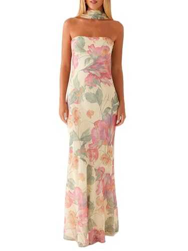 Fiacafyo Women Elegant Floral Bodycon Maxi Dress Y2k Off Shoulder Backless Tube Long Bandeau Dress with Scarf for Party Prom