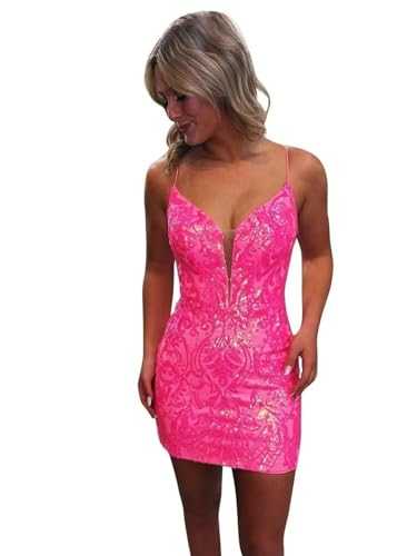 Sequin Lace Tight Homecoming Dresses Sparkly for Teens Spaghetti Straps V Neck Short Prom Dress Mini Cocktail Gown