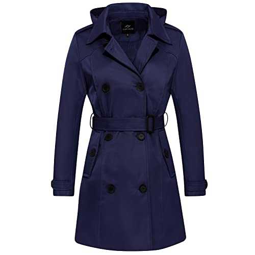 FARVALUE Women's Waterproof Trench Coat Double Breasted Windbreaker Classic Belted Lapel Overcoat with Removable Hood