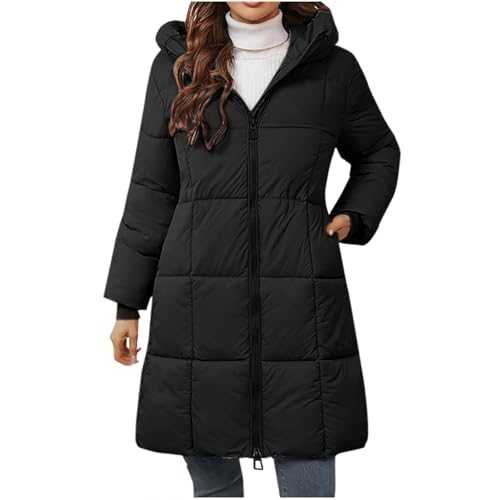 Long Padded Coats for Women UK Winter Hooded Down Jacket Warm Thick Parka Coats Mid Length Winter Warm Quilted Jacket Ladies Winter Coat Puffer Jacket Overcoat Windproof Outwear
