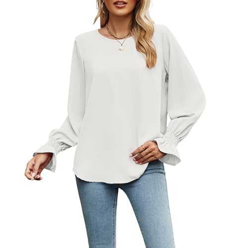 Atxnn Womens Tops Chiffon Shirts Loose Fit Blouses Lantern Long Sleeve Tunic Top with Smocked Cuffs for Business Work