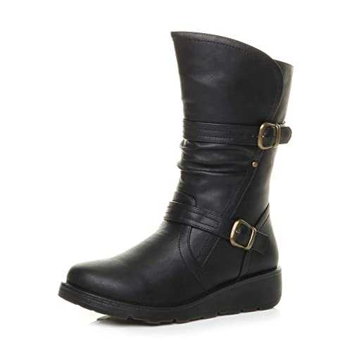 AJVANI Womens ladies low wedge lightweight heel ruched buckle winter comfort calf boots size
