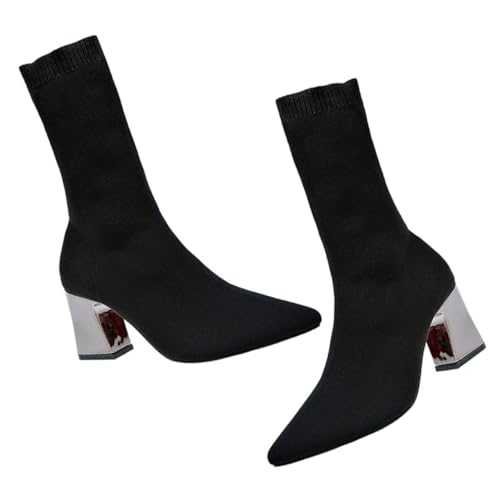 LIFKOME 1pair Pointed Toe Chunky Heel Sock Boots for Women Comfortable Ankle Booties for Autumn and Elastic Knit Design Lightweight and Shoes