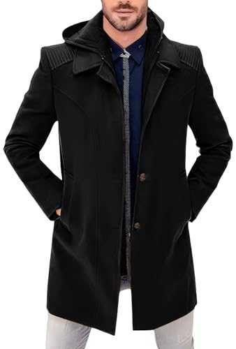 AIEOE Men Trench Coat with Hood Wool Overcoat Peacoat Jacket Winter Business Coat Warm Outerwear Thick Coat Single Breasted Jacket Casual S M L XL