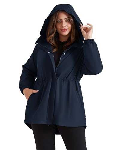 Hanna Nikole Women's Long Rain Jacket Plus Size Fleece Lined Waterproof Hooded Rain Coat Lightweight Pockets Windbreaker Trip