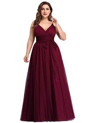 Ever-Pretty Women's Floor Length Elegant V Neck Empire Waist A Line Tulle Plus Size Bridesmaid Dresses Burgundy 30UK