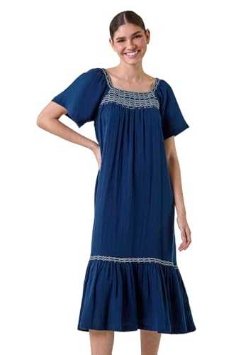 Roman Originals Embroidered Cotton Midi Smock Dress for Women UK - Ladies Everyday Holiday Spring Summer Square Neckline Comfy Soft Evening Vacation Work Party