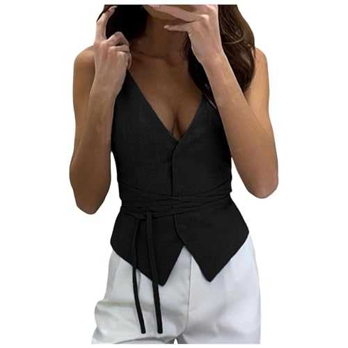 Women's 2024 Summer Fashion Casual Vest British Style Solid Frenulum V-Neck Tank Tops Women's Pack