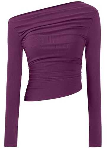 TARSE Women's Long Sleeve Off Shoulder Tops Sexy Going Out Slim Fit Knit Asymmetrical Ruched Shirts Y2K Blouses Trendy Outfit