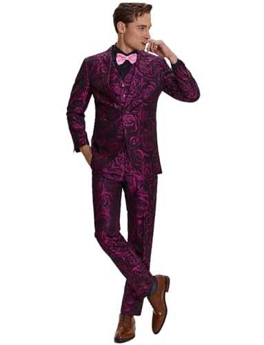 Pkrboro Men's Suit Jacquard Three Pieces One Button Notch Lapel Set Formal Wedding Tuxedos