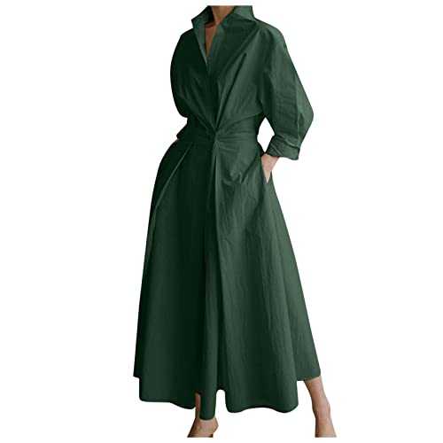 Dresses for Women UK Maxi Shirt Dress Long Sleeve Button Smocked Waist Long Blouse Dress Loose Swing Party Dress with Pockets