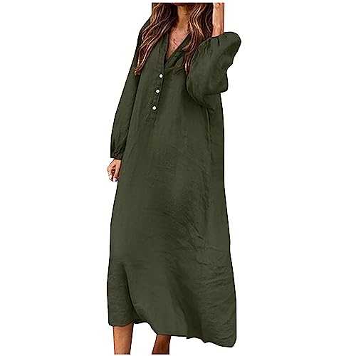 Linen Shirt Dresses for Women UK Cotton Linen Shift Dress Long Sleeve V Neck Dresses Plus Size Button Neck Tunic Beach Dresses Loose Summer Long Dresses Office Casual Maxi Dresses