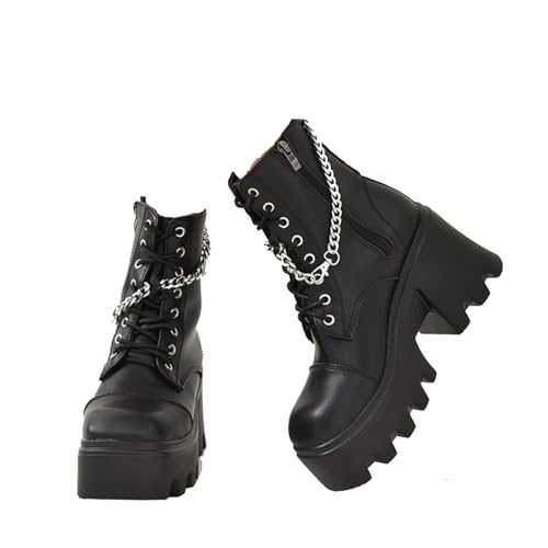 LeaHy Women's Platforms Wedge Heel High Heel Ankle Strap PU Chain Side Zip Biker Military Combat Boots
