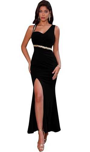 Angel-fashions Women's One Shoulder Ruched Gold Sequin Slit Pelumn Black Prom Evening Dress