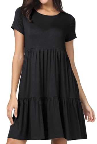 PrinStory Dresses For Women Uk Round Neck High Waist Short Sleeve Loose Summer Dresses A-Line Sundress
