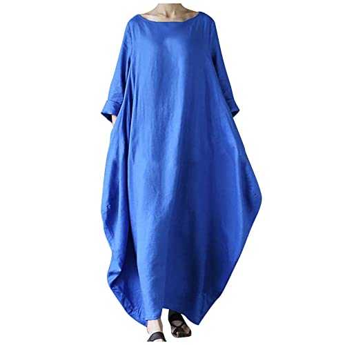 AMhomely Summer Long Dresses Sales Cotton and Linen for Women UK Plus Size Sun Dresses Lagenlook Casual Dress Solid Crewneck Oversized Bubble Dresses Loose Fit Sun Dresses Holiday Party Dress