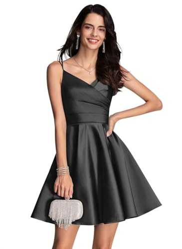 UMLXYER Satin Homecoming Dresses for Teens 2024 V-Neck Short Prom Dresses Spaghetti Straps Mini Cocktail Gown with Pocket