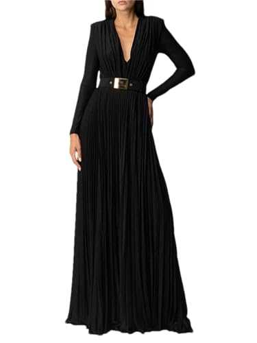 Women's Pleated Solid Deep V-Neck Evening Dress Sexy Belted Split-Side Long Sleeve Prom Dresses