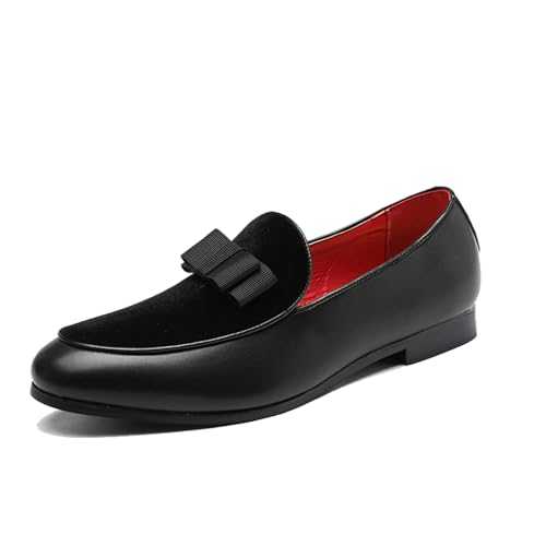 Men's Leather Loafers Formal Dress Shoes Banquet with Bowtie Penny Flats Slip-On Smoking Slippers Black