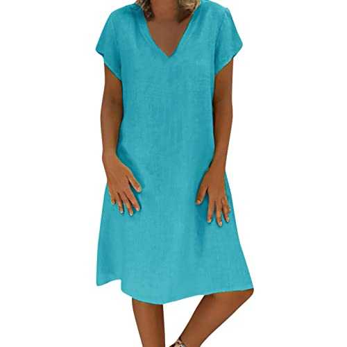 Women Dress Sale Clearance Fashion Ladies Loose V-Neck Summer Solid Short Sleeve Cotton and Linen Dress Party Elegant UK Size