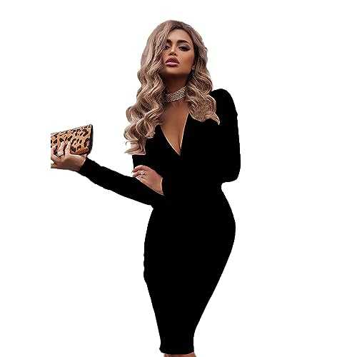 Hanaoops Women's Sexy V Neck Long Sleeve Dress Black Elegant Package Hip Slim Long Dresses Lady Vacation Cocktail Party Wedding Evening Gowns